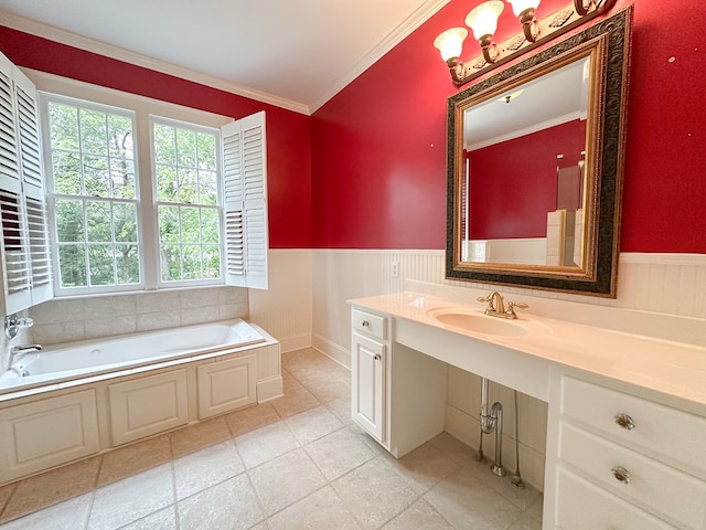 bathroom featuring a washtub, vanity, and crown molding