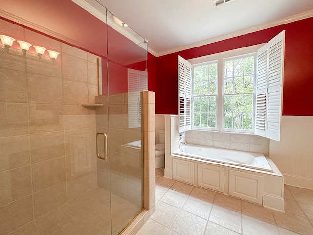 bathroom with independent shower and bath, ornamental molding, tile patterned flooring, and toilet