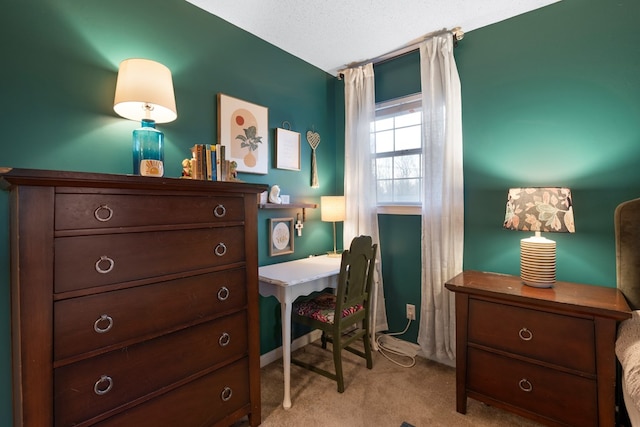 office with light carpet and a textured ceiling