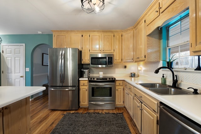 kitchen with light brown cabinets, dark wood-style flooring, stainless steel appliances, and a sink