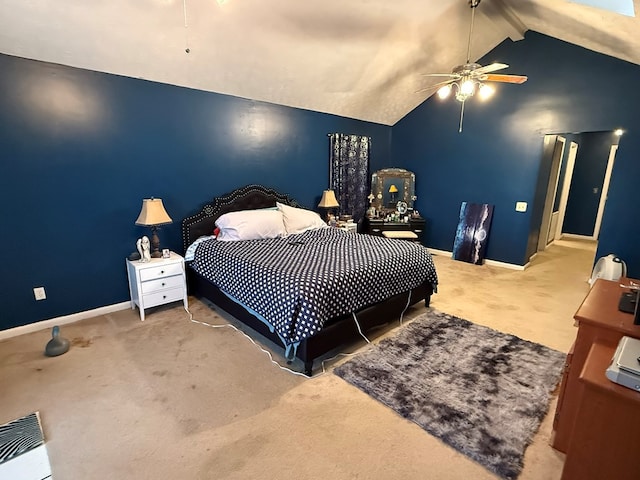 bedroom with carpet floors, lofted ceiling with beams, and ceiling fan