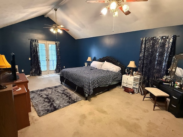 carpeted bedroom featuring access to exterior, vaulted ceiling with beams, french doors, and ceiling fan