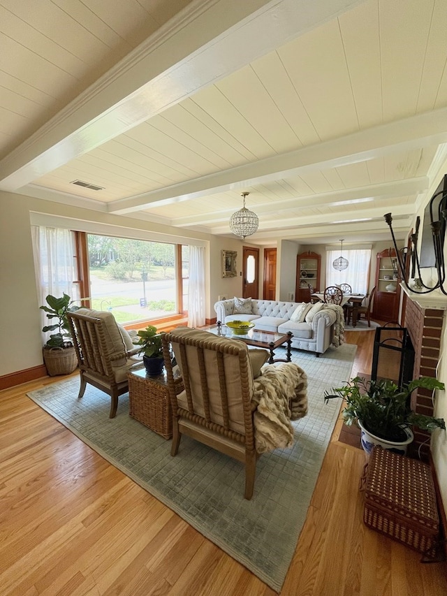 living room with beamed ceiling, light hardwood / wood-style floors, and wooden ceiling