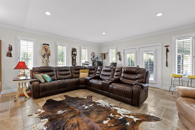 living room featuring crown molding and french doors