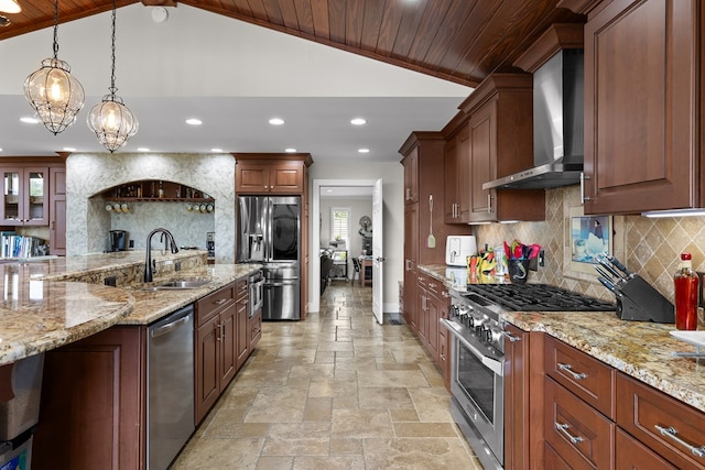 kitchen with wall chimney exhaust hood, sink, wood ceiling, decorative light fixtures, and stainless steel appliances