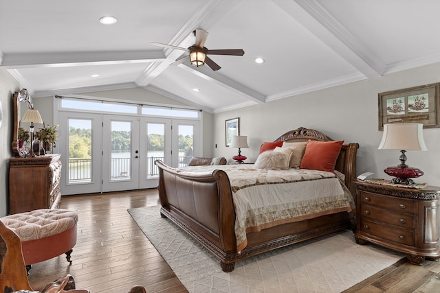 bedroom featuring french doors, crown molding, lofted ceiling with beams, light wood-type flooring, and access to outside