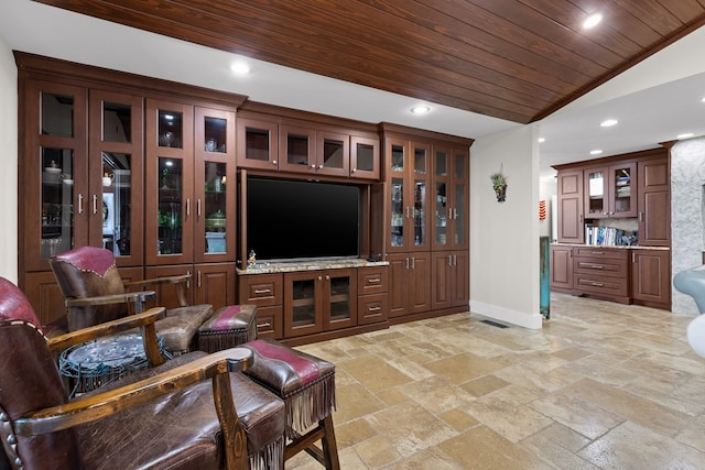 living room with wooden ceiling