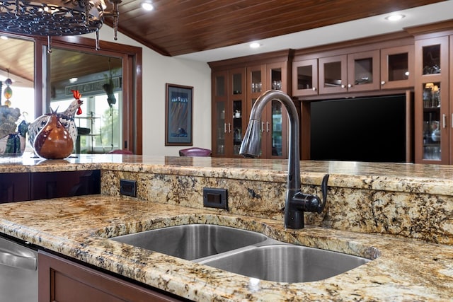 kitchen with dishwasher, light stone countertops, sink, and wooden ceiling