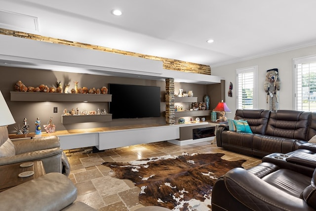 living room with ornamental molding