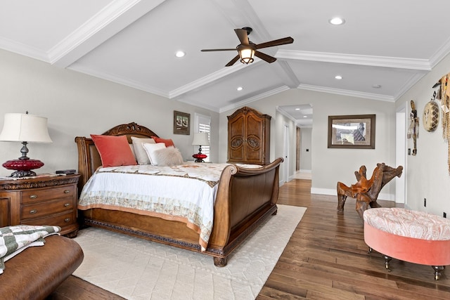 bedroom with lofted ceiling with beams, ceiling fan, crown molding, and hardwood / wood-style floors