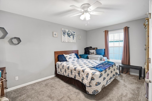 bedroom with light colored carpet and ceiling fan