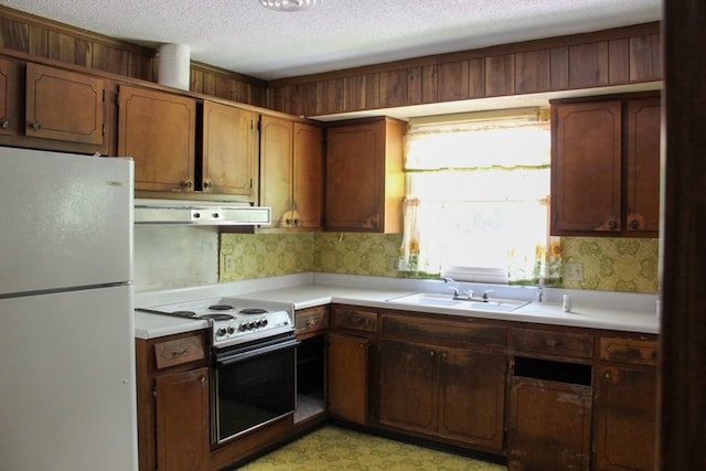 1722 Ball Ave, Dalton, GA 30720 - kitchen featuring freestanding refrigerator, under cabinet range hood, electric stove, a sink, and light countertops