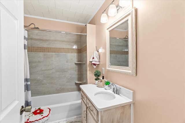 full bathroom with vanity, shower / tub combo, and ornamental molding