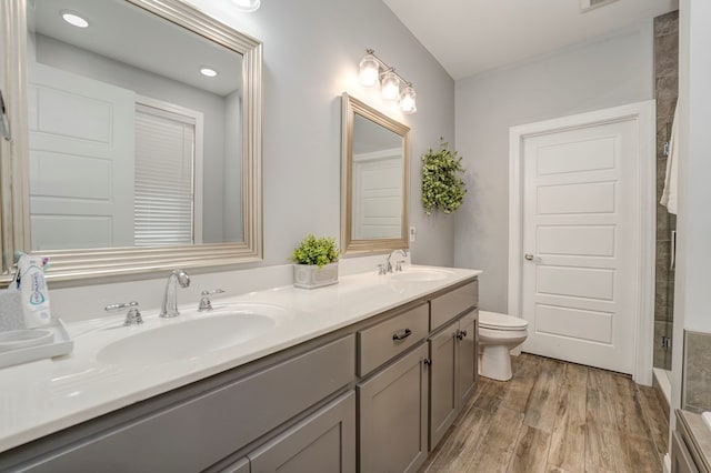 bathroom with walk in shower, wood-type flooring, toilet, and vanity