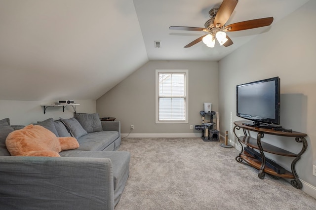 living room with lofted ceiling, light colored carpet, and ceiling fan