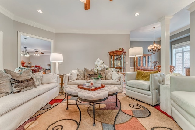 27 Bluff Mountain Dr, Rome, GA 30165 - living room featuring ceiling fan, a chandelier, crown molding, and recessed lighting