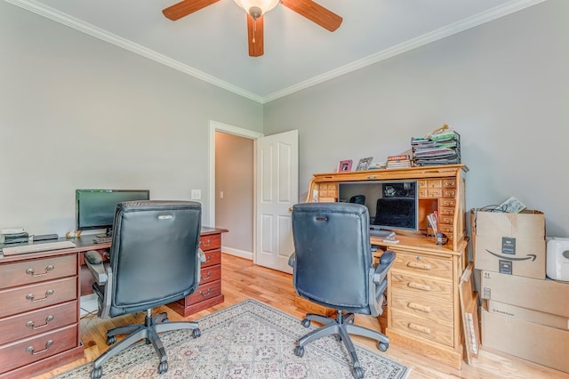 27 Bluff Mountain Dr, Rome, GA 30165 - office with light wood-style floors, crown molding, a ceiling fan, and baseboards