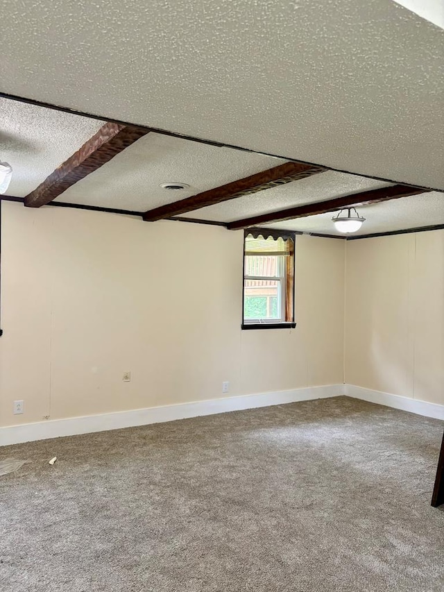 139 Hills Dr, Cohutta, GA 30710 - spare room with a textured ceiling, carpet, beam ceiling, and baseboards
