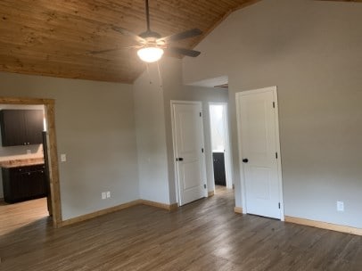 spare room featuring wood ceiling, ceiling fan, dark hardwood / wood-style floors, and high vaulted ceiling