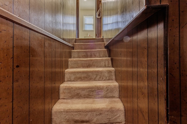 staircase featuring wooden walls