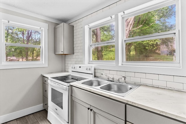 kitchen with backsplash, gray cabinetry, wood finished floors, electric range, and a sink