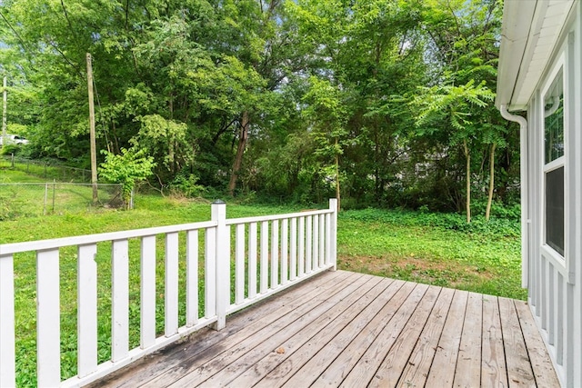 wooden deck featuring a yard and fence