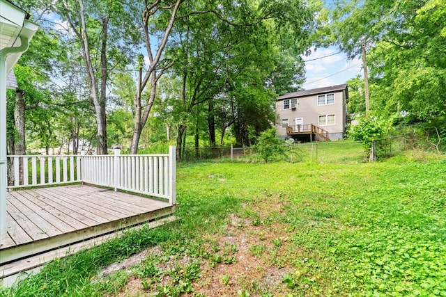 view of yard with fence and a wooden deck