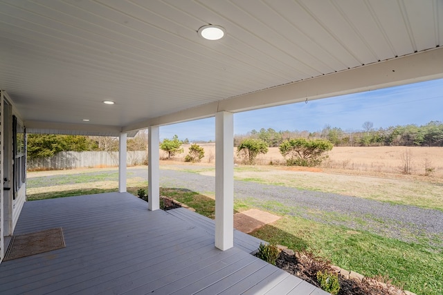 wooden terrace featuring a rural view and a fenced backyard