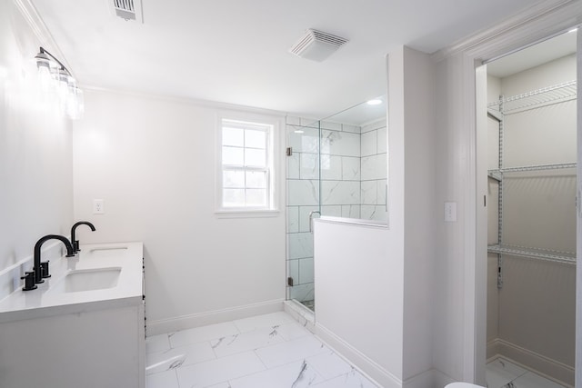 full bath featuring marble finish floor, visible vents, baseboards, and a stall shower