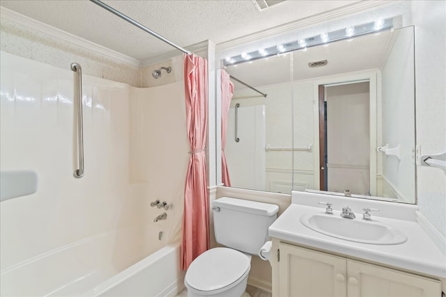 full bathroom with crown molding, vanity, shower / bath combination with curtain, a textured ceiling, and toilet