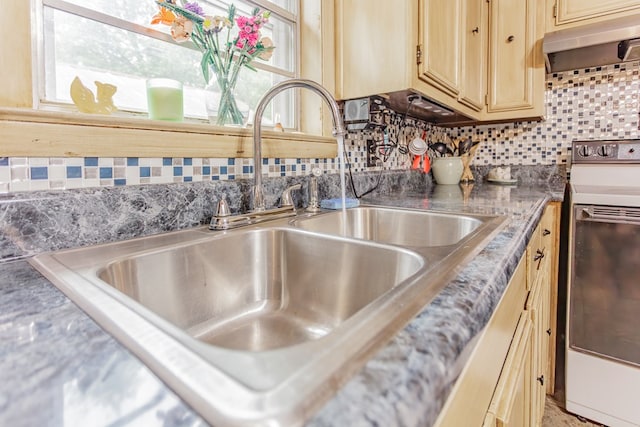 room details featuring white range with electric cooktop, a sink, decorative backsplash, light countertops, and range hood