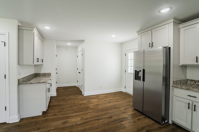 111 Arthur St, Dalton, GA 30721 - kitchen featuring stainless steel fridge, dark wood-type flooring, recessed lighting, baseboards, and stone countertops