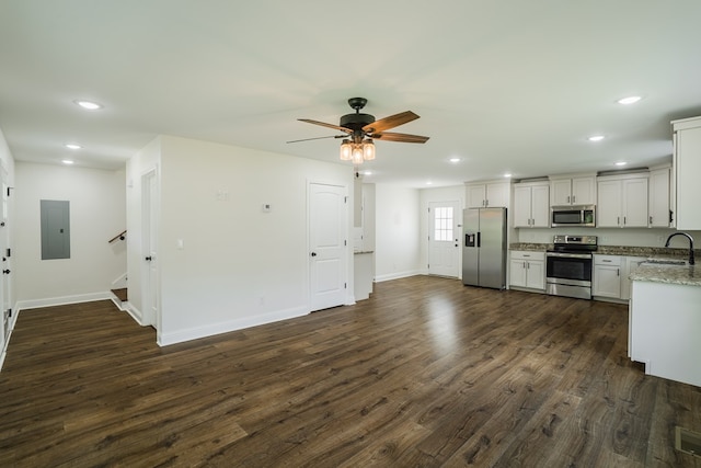 111 Arthur St, Dalton, GA 30721 - kitchen with appliances with stainless steel finishes, a sink, recessed lighting, dark wood-style floors, and a ceiling fan