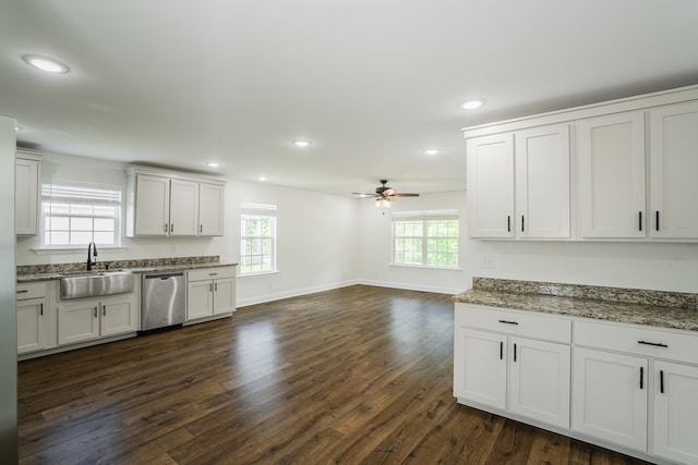 111 Arthur St, Dalton, GA 30721 - kitchen with dishwasher, ceiling fan, a sink, dark wood-style floors, and recessed lighting