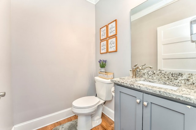 bathroom with vanity, toilet, and wood-type flooring