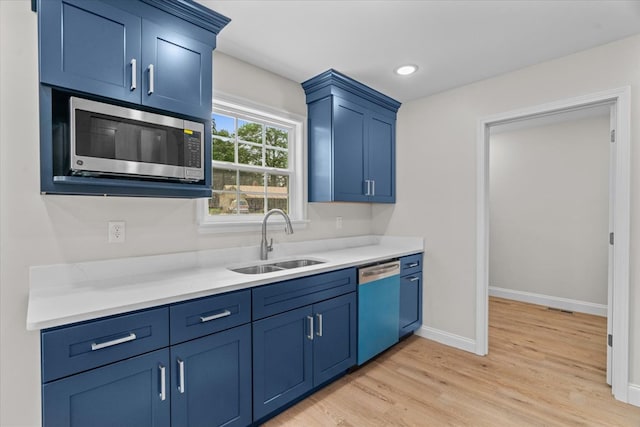 500 Woodland Dr, Dalton, GA 30721 - kitchen with dishwashing machine, stainless steel microwave, blue cabinetry, light wood finished floors, and recessed lighting