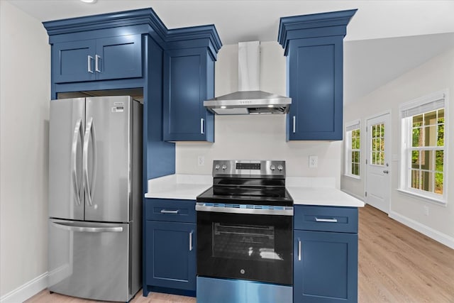 500 Woodland Dr, Dalton, GA 30721 - kitchen with appliances with stainless steel finishes, wall chimney exhaust hood, blue cabinetry, and light countertops