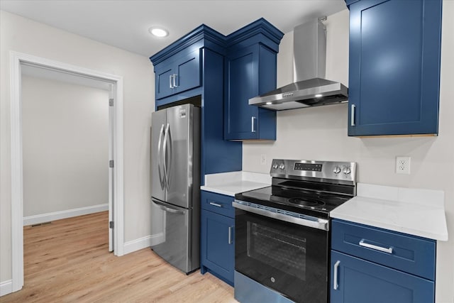 500 Woodland Dr, Dalton, GA 30721 - kitchen with stainless steel appliances, wall chimney range hood, blue cabinets, light wood-style floors, and light countertops