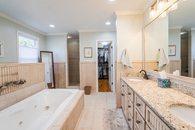 816 Dogwood Ln, Dalton, GA 30720 - full bath with tile patterned floors, double vanity, a whirlpool tub, crown molding, and a tile shower