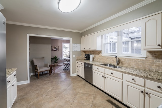 816 Dogwood Ln, Dalton, GA 30720 - kitchen featuring stainless steel dishwasher, a sink, crown molding, decorative backsplash, and baseboards