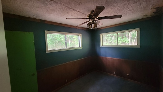 2517 Utility Rd, Rocky Face, GA 30740 - unfurnished room with a wainscoted wall, wood walls, a textured ceiling, carpet, and a ceiling fan