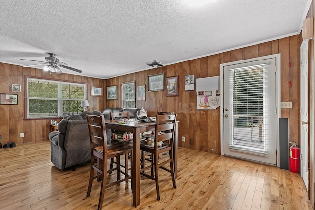 dining area with wooden walls, a textured ceiling, and light wood-type flooring