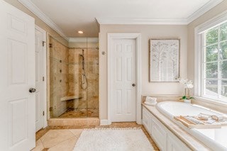 1603 Habersham Way, Dalton, GA 30720 - full bathroom with a stall shower, crown molding, a garden tub, tile patterned flooring, and recessed lighting
