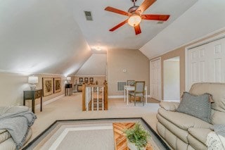 1603 Habersham Way, Dalton, GA 30720 - carpeted living room featuring vaulted ceiling and ceiling fan