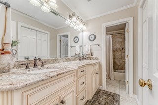 1603 Habersham Way, Dalton, GA 30720 - full bathroom featuring double vanity, ornamental molding, shower / bath combination with curtain, and tile patterned floors