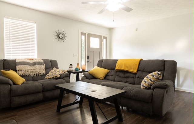 living room with ceiling fan and dark hardwood / wood-style floors