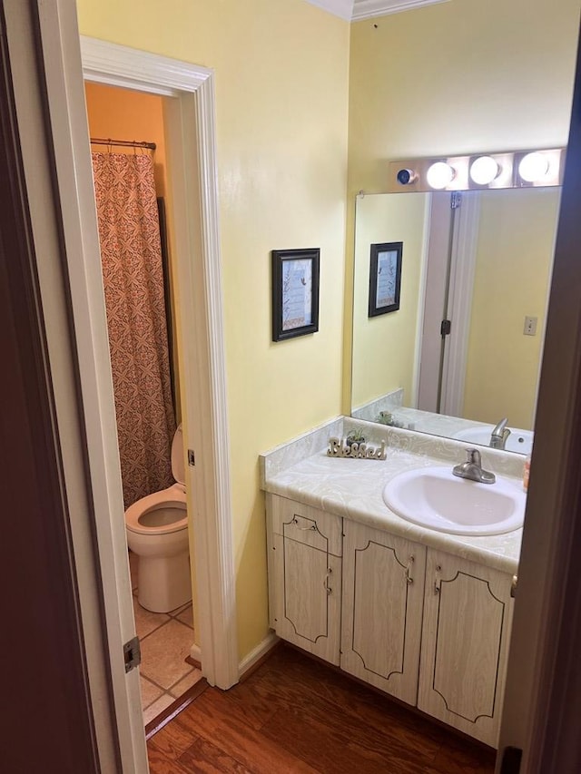 bathroom featuring wood-type flooring, vanity, and toilet