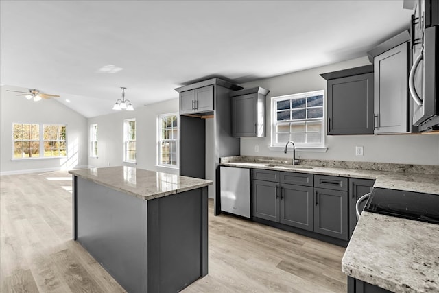 519 Abigail St, Dalton, GA 30721 - kitchen with stainless steel appliances, a sink, ceiling fan, healthy amount of natural light, and lofted ceiling