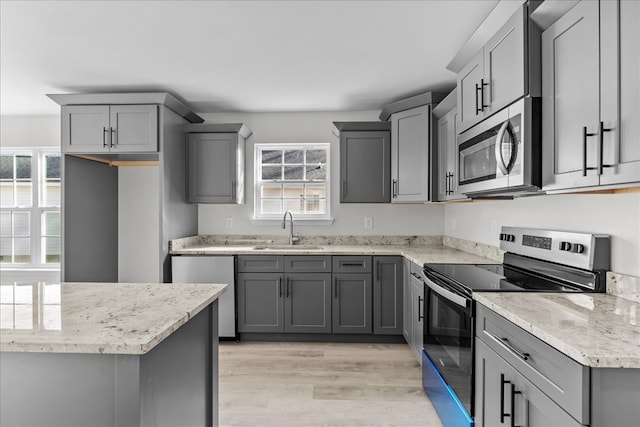 519 Abigail St, Dalton, GA 30721 - kitchen with appliances with stainless steel finishes, a sink, gray cabinetry, and healthy amount of natural light