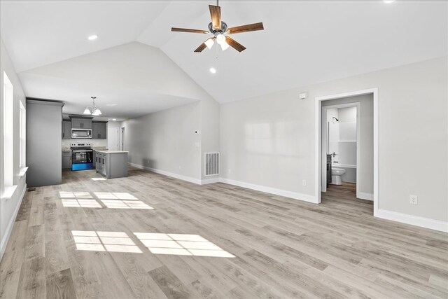 519 Abigail St, Dalton, GA 30721 - unfurnished living room with a ceiling fan, baseboards, light wood-style flooring, high vaulted ceiling, and recessed lighting